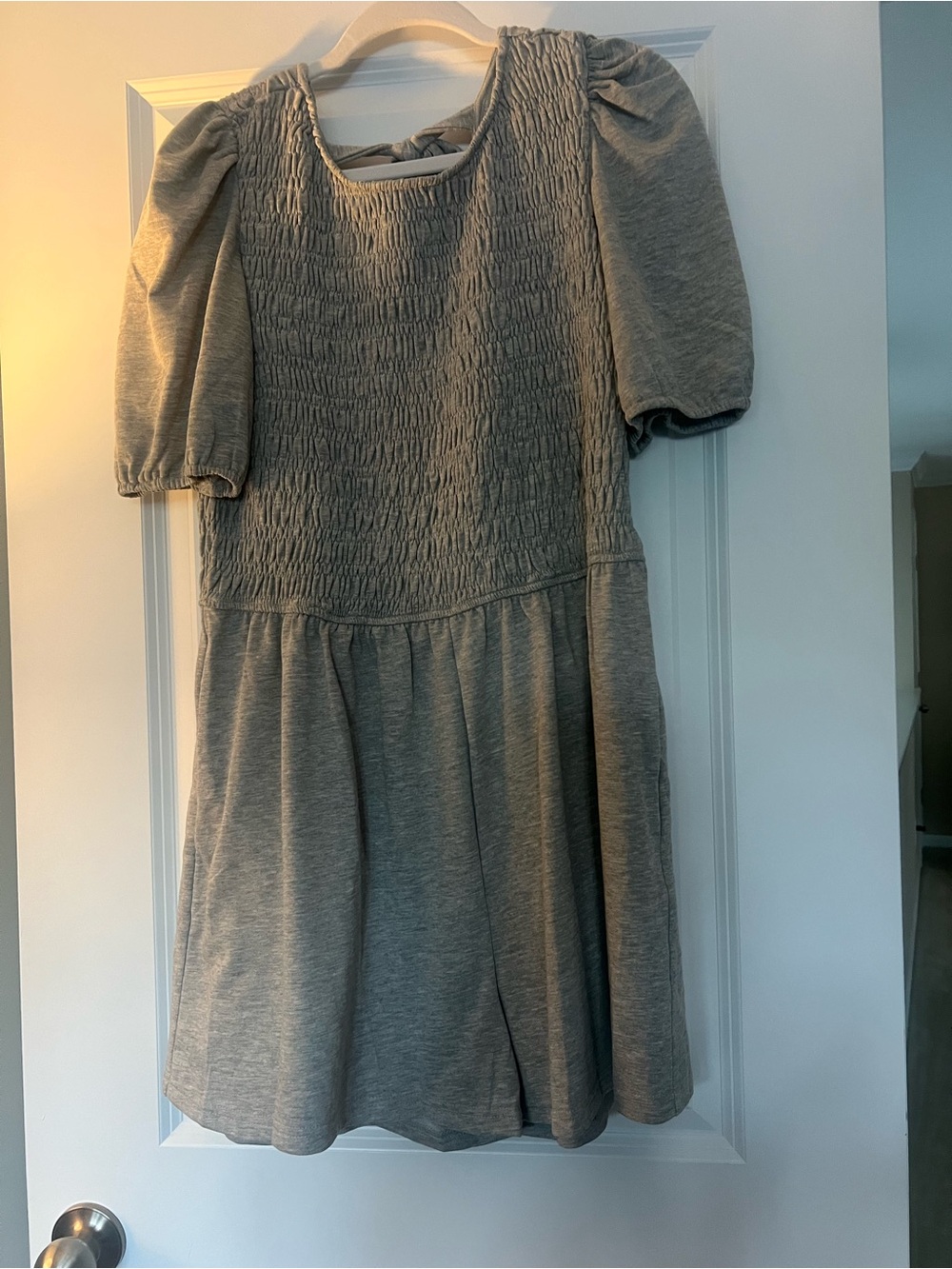 Smocked Puff Sleeve Knit Romper - Light Heather Gray